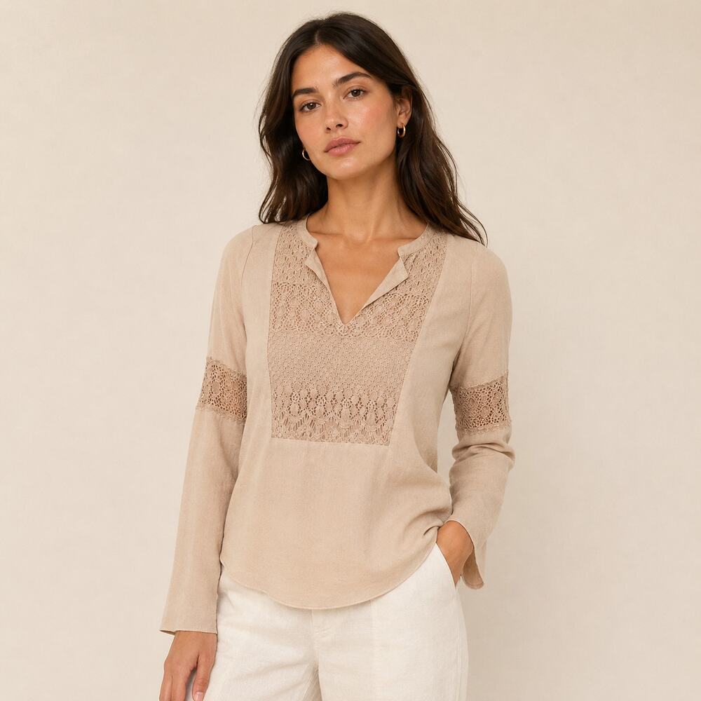 Laurie & Joe Women's Split neck BOHO Blouse Beige lace trim Size M